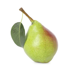 Whole ripe pear with leaf isolated on white