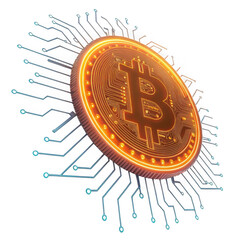 Fototapeta premium Glowing bitcoin cryptocurrency coin connected to digital circuit board isolated on transparent background