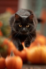 Dynamic Black Cat Leaping Over Pumpkins in Halloween Scene