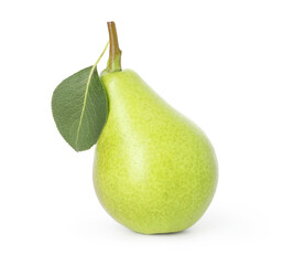 Whole ripe pear with leaf isolated on white