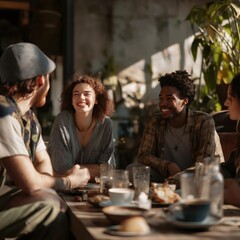 Four cheerful friends are sitting around a wooden table, enjoying brunch together in a cozy cafe, sharing stories and laughter, illuminated by warm sunlight