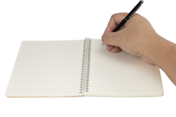 Hand writing notes with a pen in a blank school notebook. A student studying or planning a business journal isolated on white background with clipping path.