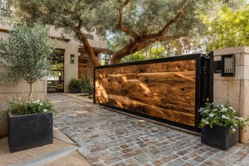 Obraz premium Sliding wooden gate combining wood and metal, enhancing the entrance of a contemporary house with cobblestone driveway