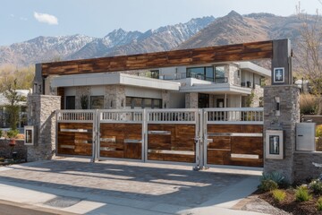 Sliding wooden gate protecting a contemporary luxury home with a mountain view