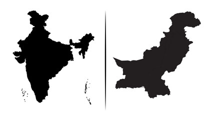 Illustrated side-by-side comparison shows the black silhouette maps of India and Pakistan against a clean white background, separated by a vertical line, ideal for geographic studies © Fitrotul
