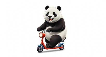 Naklejka premium A cheerful cartoon giant panda happily riding a small red and blue scooter on a white background.