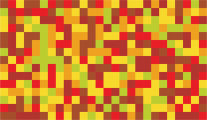 An abstract pixelated background featuring a mosaic of red, yellow, green, and brown squares creates a retro and vibrant digital art or geometric texture with blocky patterns