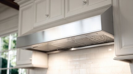 Medium shot of a sleek undercabinet range hood with sharp focus on its modern design while the blurred kitchen background highlights elegance and effective ventilation.