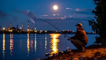 Fototapete Reflection A man sits by the water's edge at night, fishing under a full moon, illuminated by city lights reflected on the tranquil surface.  © Hare