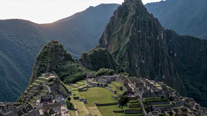 Sunrise Drone View of Ancient Stone Terraces with Mist and Golden Glow - Powered by Adobe