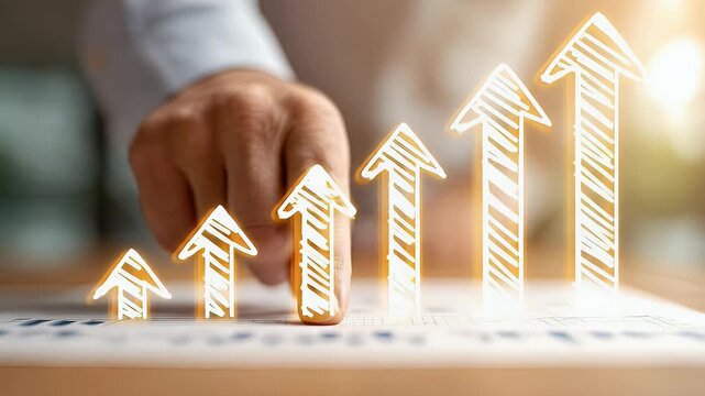 A hand points to multiple upward-trending arrows, overlaid on a document, suggesting growth