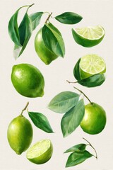 Watercolor Painting of Fresh Limes and Leaves on Textured Background; Artistic Still Life of Citrus Fruits; Food Illustration