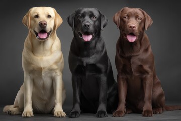 Three Labrador Retrievers Sitting Posing Studio Shot Eye Level View Yellow Black Chocolate Dog Breed Portrait