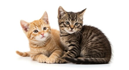 Obraz premium Two kittens one orange and one brown tabby are sidebyside on a white surface