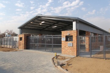 Fototapeta premium Contemporary industrial building showcasing mixed materials, including brick and metal, with a secure gated entrance, highlighting modern architectural design