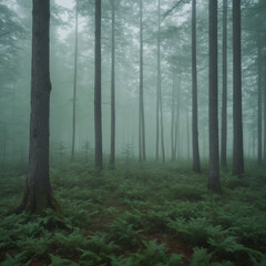 Fototapeta premium Misty northern forest at dawn