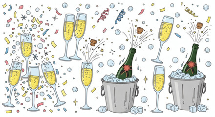 Set of hand drawn sparkling illustrations of celebration. Doodle drawings of champagne flutes, popping corks, bubbles, bottles in ice buckets, and confetti