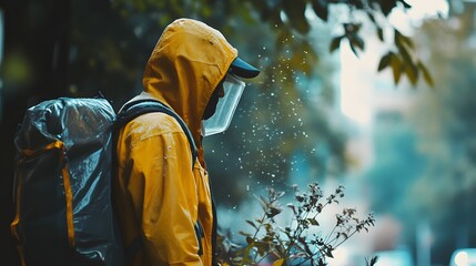 Person in yellow raincoat and face shield with backpack outdoors adventure during rainy weather day trip