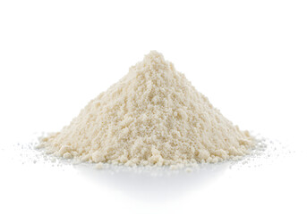 Pile of natural organic coconut flour for healthy baking and gluten-free cooking white background