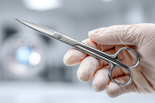 Close-up of surgical scissors held by surgeon wearing latex glove, ready for operation in operating room - Powered by Adobe
