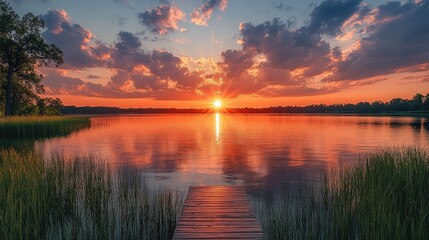 Peaceful sunset over lake with wooden dock