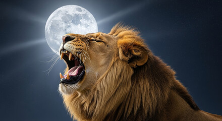 Majestic lion howling at a luminous full moon under a starlit sky in the serene night.