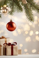 Festive christmas scene with red ornament and wrapped gifts under pine branches