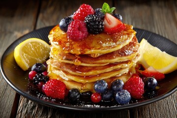 Stack of Pancakes with Berries and Lemon on Black Plate Close Up Still Life Food Photography