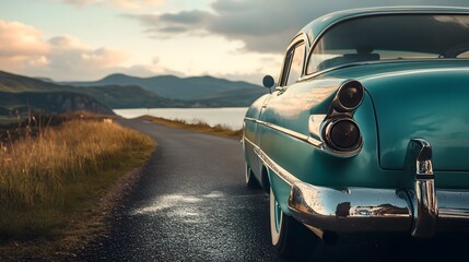 Exploring scenic routes with a vintage automobile on a coastal road trip at sunset for a classic adventure