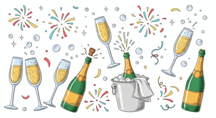 Set of hand drawn sparkling illustrations of celebration. Doodle drawings of champagne flutes, popping corks, bubbles, bottles in ice buckets, and confetti