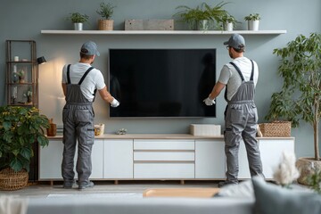 Two technicians mounting a television on the wall in a contemporary living room