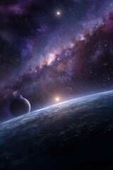 Fototapeta premium Cosmic Landscape View of Planet and Galaxy, Space Exploration Concept, Dramatic Lighting, Digital Art