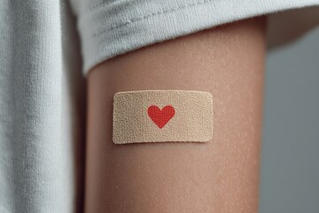 Beige adhesive bandage with red heart is covering injection site on patient's arm after vaccination