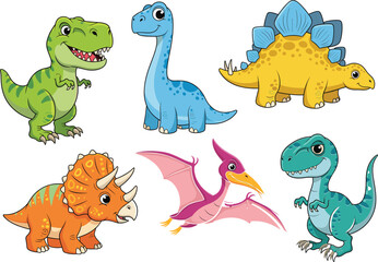 Colorful cartoon dinosaurs in playful poses, cute prehistoric animals for kids, fun Jurassic creature vector art, educational dinosaur character illustration for children
