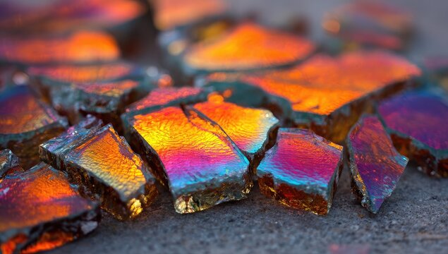 Close-up of shards of iridescent glass, multicolored