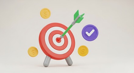 3d illustration of a dart hitting the bullseye on a target with coins and a checkmark