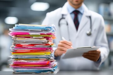 Doctor taking notes on a clipboard with a large stack of colorful documents in the foreground, representing administrative burden in healthcare