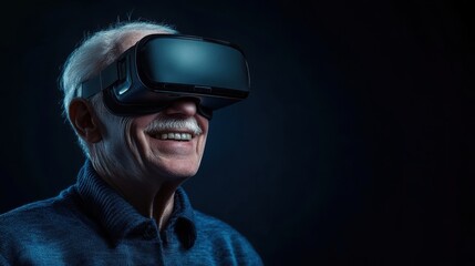 Excited mature senior man wearing using virtual reality metaverse VR glasses headset at home. Grandfather touching air during VR experience on virtual reality helmet. Simulation hi-tech videogame