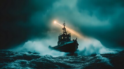 Obraz premium Dramatic seascape with boat sailing through stormy waters under a spotlight in the deep ocean at night
