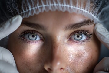 Doctor wearing gloves examining patient's beautiful blue eyes during medical checkup