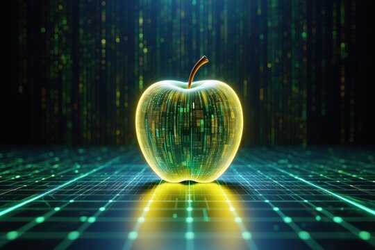 A Digitally Rendered Apple Glowing with Binary Codes Surrounded by a Futuristic Matrix Background Representing Technology and Innovation