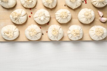 Uncooked khinkalis (dumplings) and spices on white wooden table, top view. Space for text
