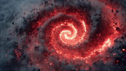 Abstract depiction of cosmic explosion, fiery spiral nebulous cloud formation radiating energy
