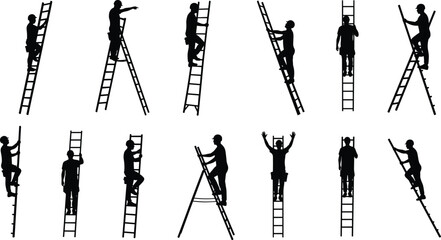 Black worker silhouette on ladder collection, construction man climbing poses, maintenance vector illustration set for safety, building, repair, industrial design. © Snigdha Creatives