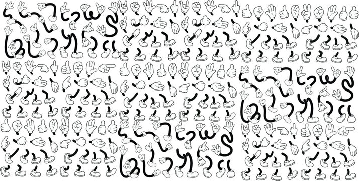 Retro cartoon legs and hands, Hands with gloves and feet with boots, various poses for characters, a set of poses, gestures, placement of hands and feet. Mascot character set. Cartoon set of limbs.eps