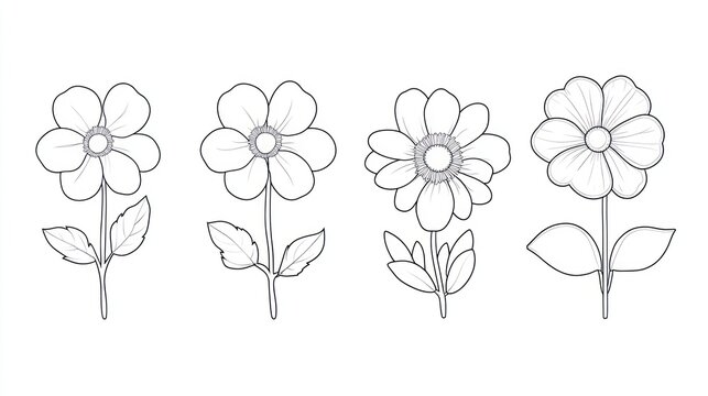 Four Line Drawings of Flowers, Coloring Book Illustration