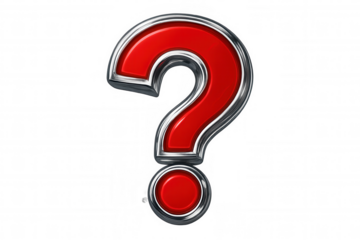 Chrome-framed red question mark symbol floating against transparent background, symbolizing queries and doubt