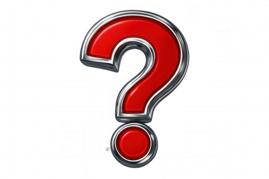 Chrome-framed red question mark symbol floating against transparent background, symbolizing queries and doubt