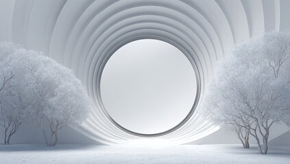 White architectural tunnel with trees, centered void