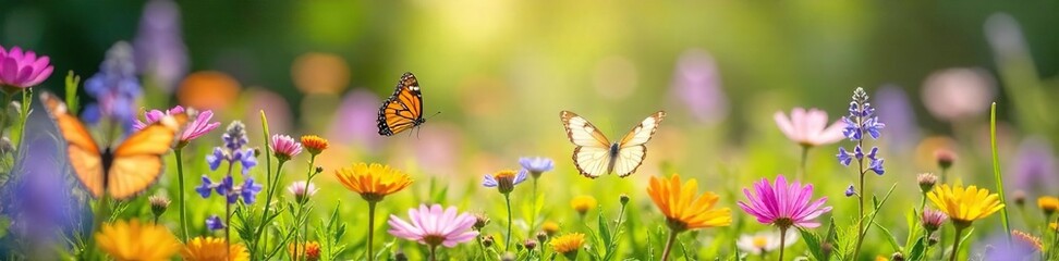 Vibrant Summer Meadow Wildflowers in Bloom, Butterflies Dancing in Soft Sunlight